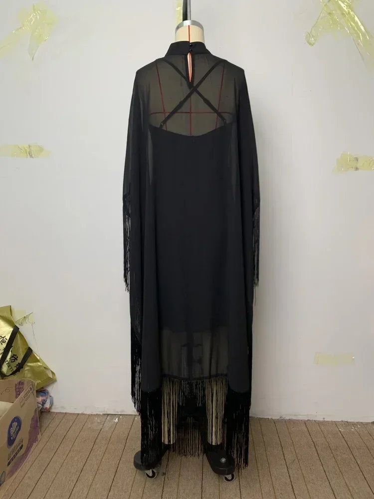 Yeezzi 2025 New Spring Fashion See-Through Tassel Party Dresses Women Batwing Sleeves Solid Color High-Neck Two Piece Set Dress