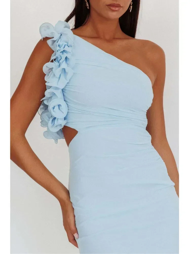 Articat Elegant Slant Shoulder Flower Bodycon Party Club Evening Dress Women Sexy Backless Slim Spring/Summer New  2025 Vestido