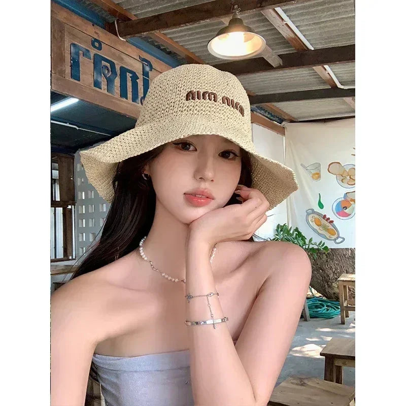 2025 Letter Sun Hat for Women Straw Beach Hats Women Large Wide Brim  Foldable Hat  Fashion Designer Outdoor Korean Bucket Hat