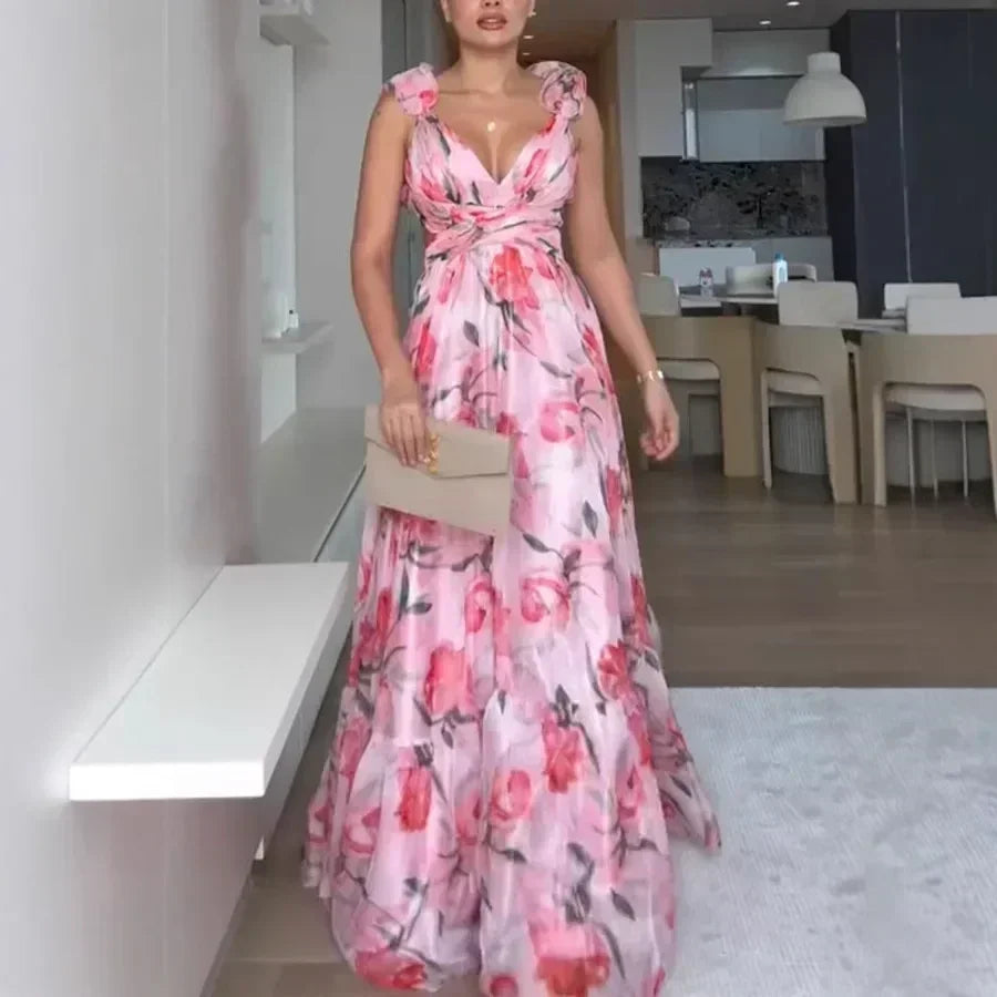 2025 Sexy Printed Chiffon Long Dress Summer Fashion Elegant V Neck Ruffles Edge Slim Vacation Sleeveless Backless Party Dresses