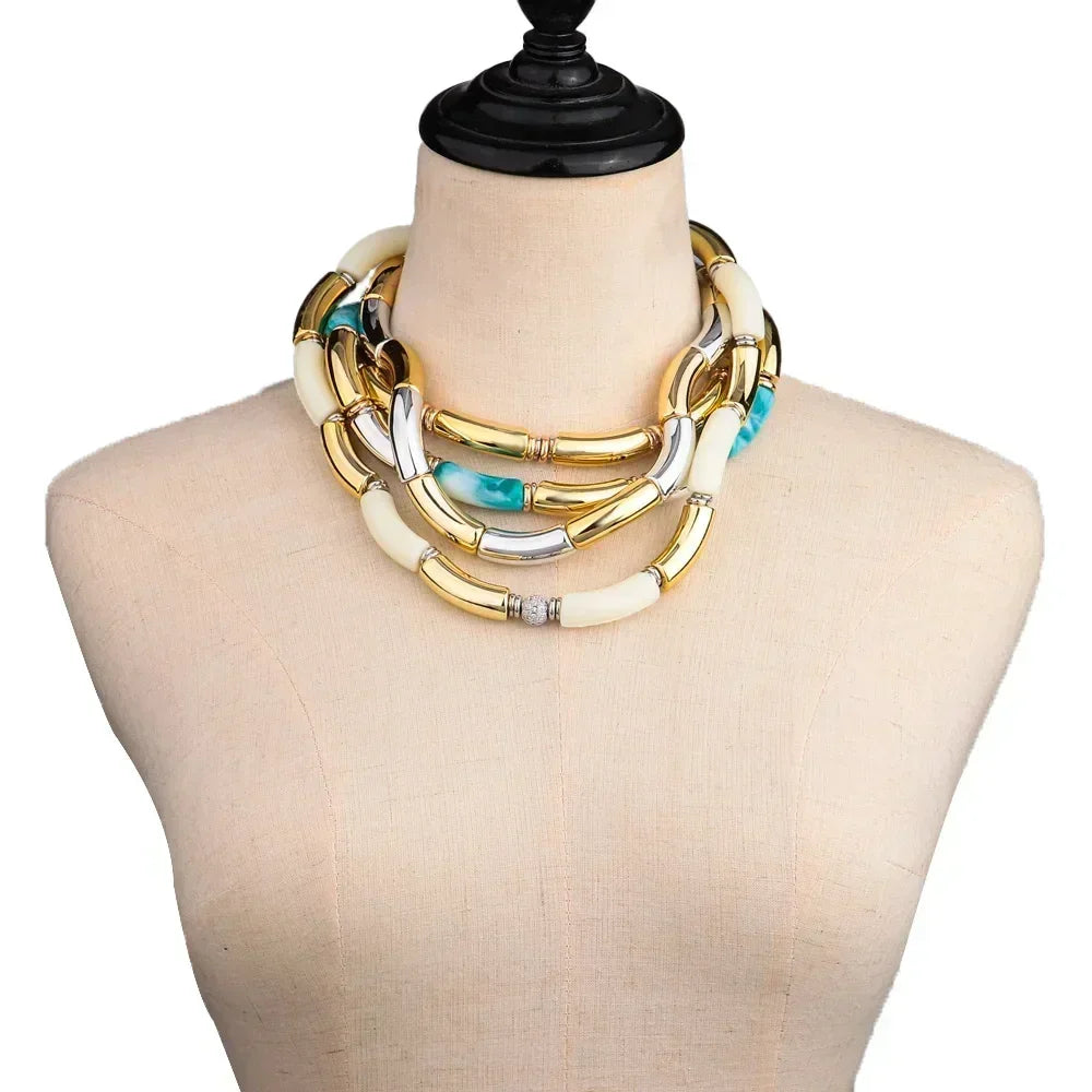 3 pieces/set Bohemian Acrylic Bamboo Beads Choker Necklace Set for Women Chunky Tube Necklaces 2024 Accessories Jewelry