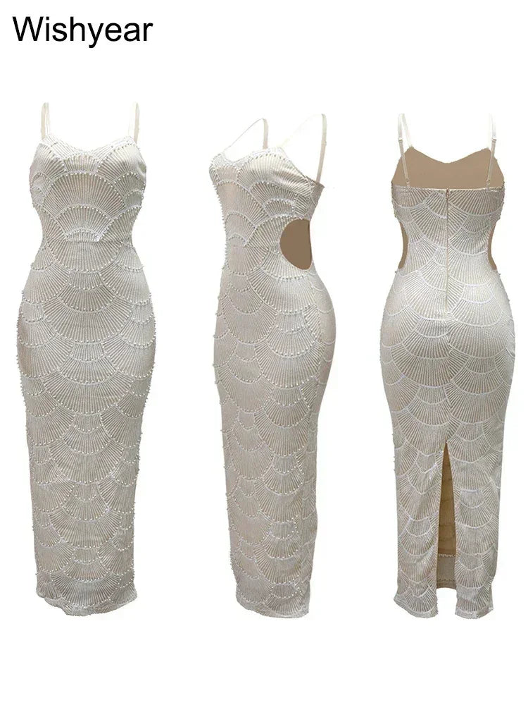 New Sequin Hollow Out Spaghetti Strap Backless Mermaid Long Dresses Women Elegant Celebrity Party Evening Wedding Bodycon Gowns