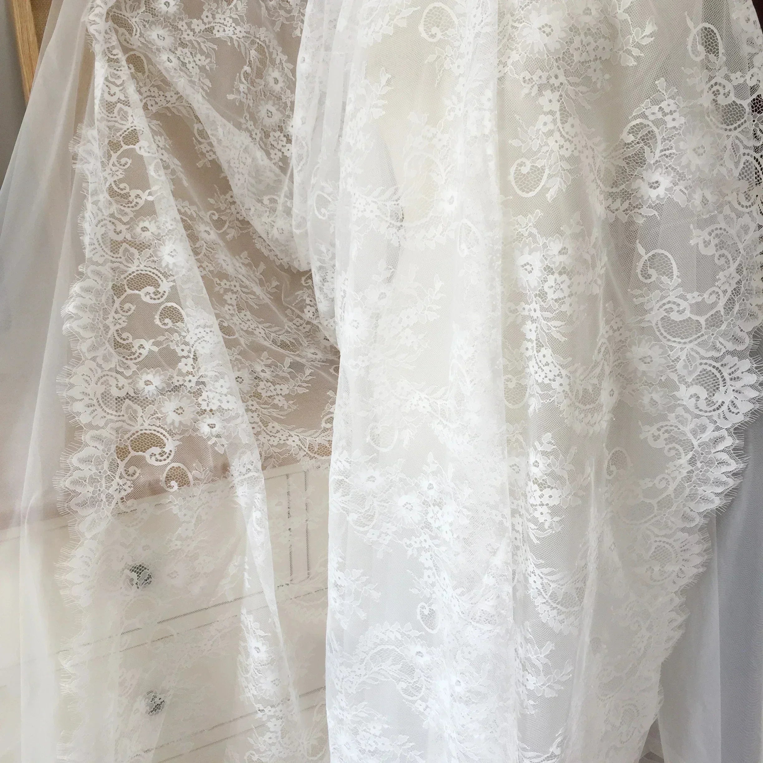 3Meters/lot Off White French Chantilly Lace Fabric , Eyelash Embroidery Lace Craft Bridal Veil Lace Accessory 150cm Width