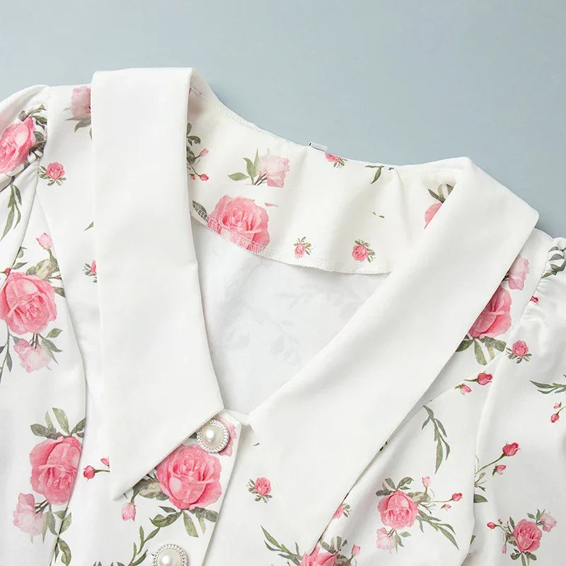 Puff Sleeve V-Neck Mini Dress | Printed Ruffled Pearl Button Dress - Femstylo