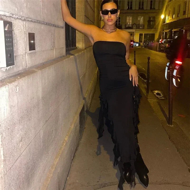 Cryptographic Irregular Ruffle Off Shoulder Sexy Backless Midi Dress for Women Elegant Birthday Vestido Summer Sundresses Ruched