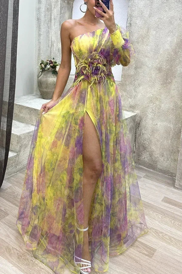 Elegant Oblique Shoulder Single-sleeve  Zipper High Slit Mesh Long Dress For Women Fashion Flower Decoration Party Dress Female