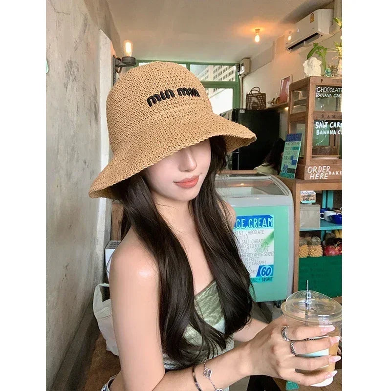 2025 Letter Sun Hat for Women Straw Beach Hats Women Large Wide Brim  Foldable Hat  Fashion Designer Outdoor Korean Bucket Hat