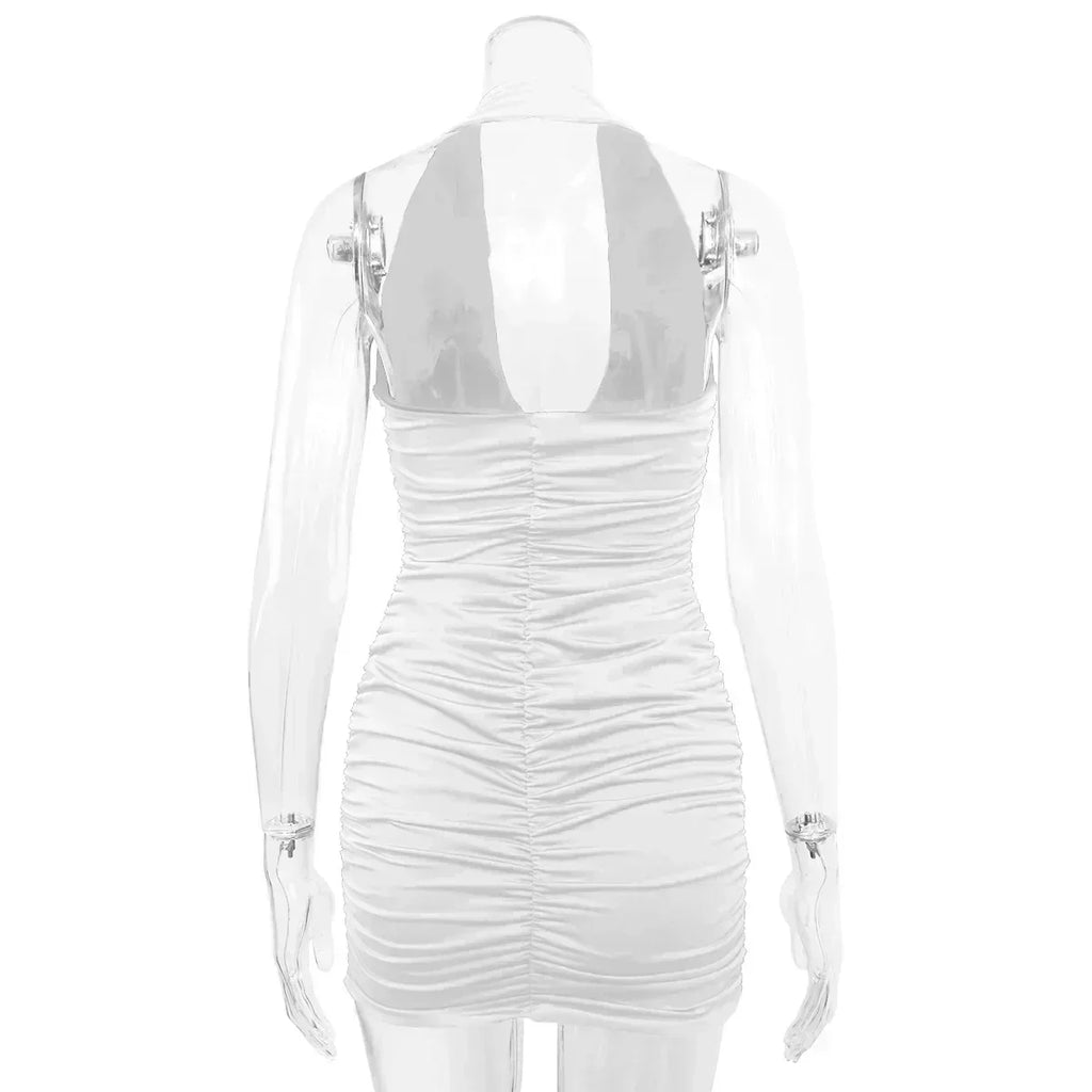Sexy Deep V Evening Party Sleeveless Backlss Dress 2024 Summer Short White Halter  Dresses Women Tight Club Mini Dress Clubwear