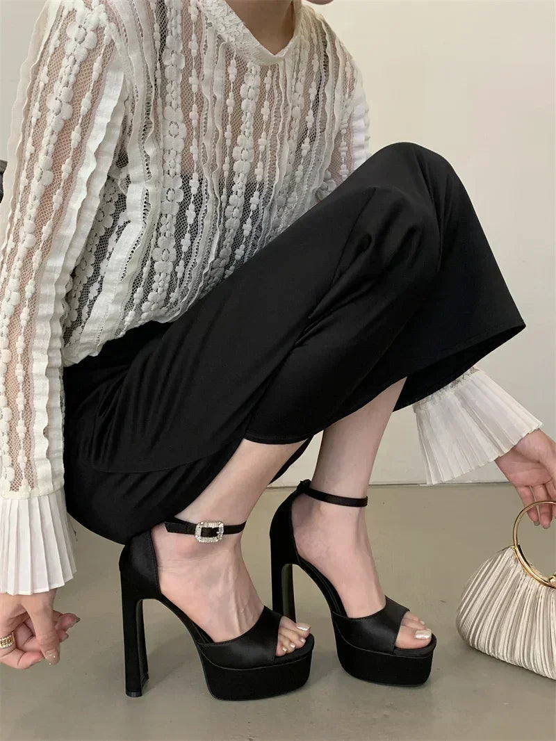 Liyke Runway Style Black High Heels Platform Sandals For Women Cozy Silk Square Toe Buckle Strap Lady Party Dress Shoes Size 40