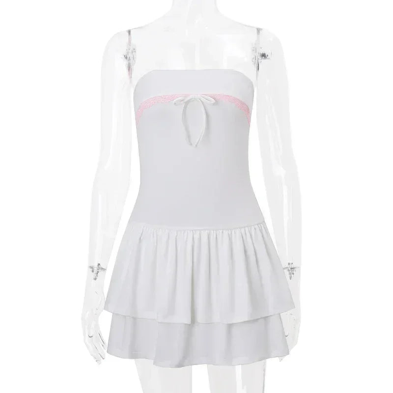 WhereMery Korean Sexy Mini Dress Y2K Sleeveless Bow Lace Playful Summer Tank Dresses Nightclub Party Playful Evening Dresses