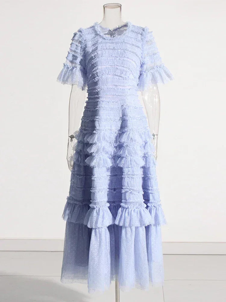 Patchwork Edible Tree Fungus Elegant Dresses For Women Round Neck Short Sleeve High Waist Temperament Dress Female Fashion