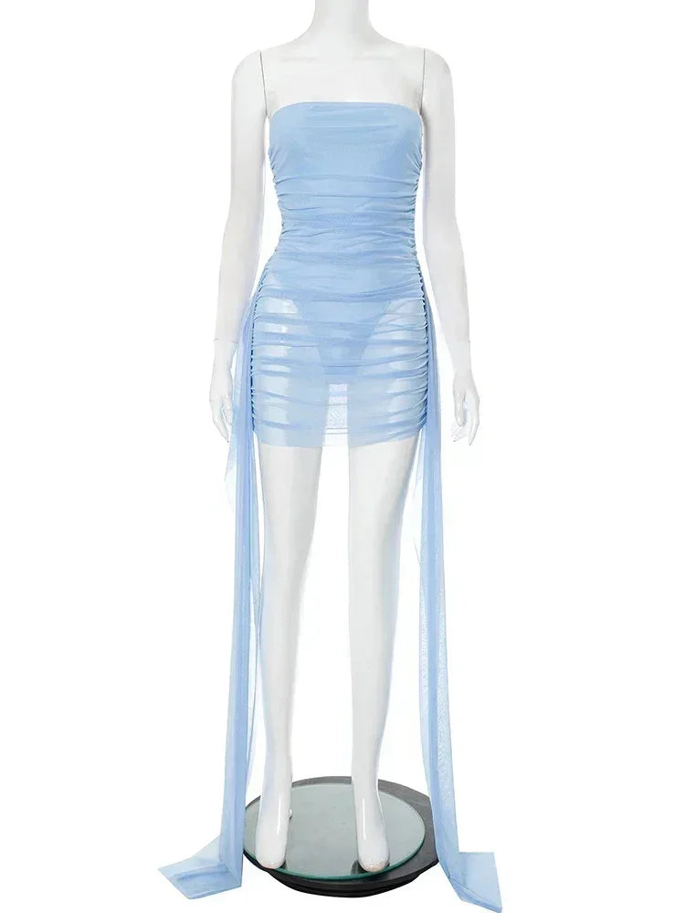 Weird Puss See  Through Dress Women Backless Sleeveless Tassel Double Deck Pleated Sexy Midnight Clubwear Party Mini Bodycon