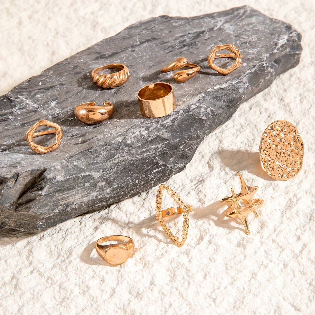 Docona Fashion Elegant Stacking Gold Colour Rings Geometric Design Ring Set Accessories Daily Festival Party Gifts 27910