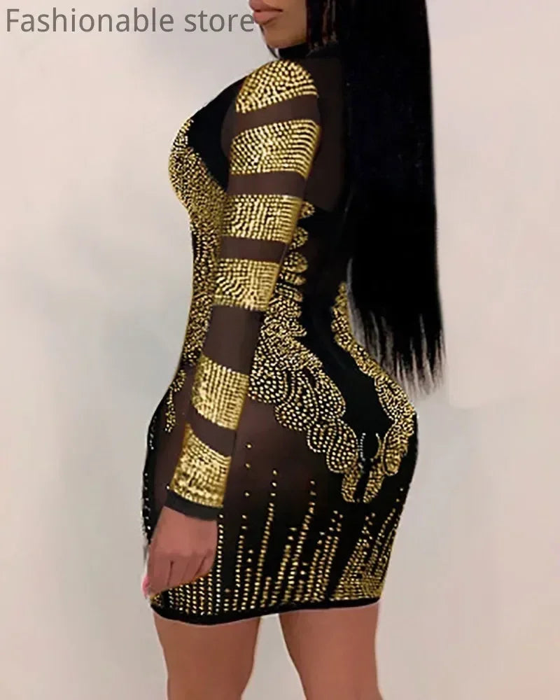 Women Sexy Solid Color Sheer Mesh Rhinestone Design Bodycon Nightclub Party Dress
