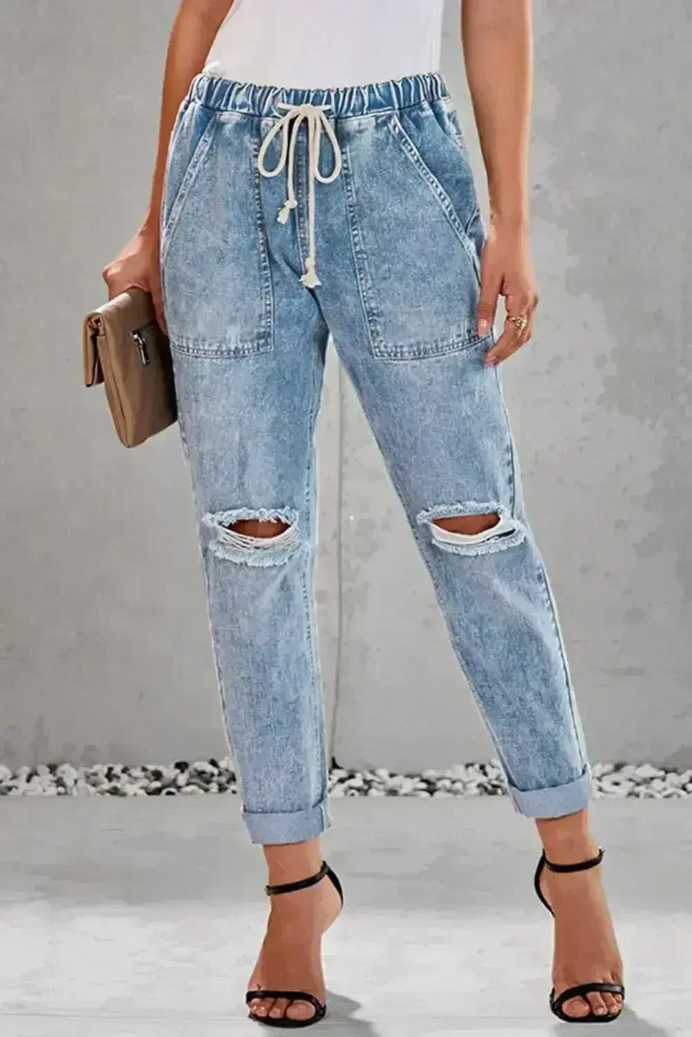 Sky Blue Gather Round Distressed Pocketed Hole Denim Jogger