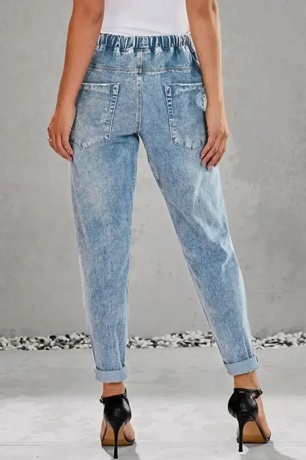 Sky Blue Gather Round Distressed Pocketed Hole Denim Jogger