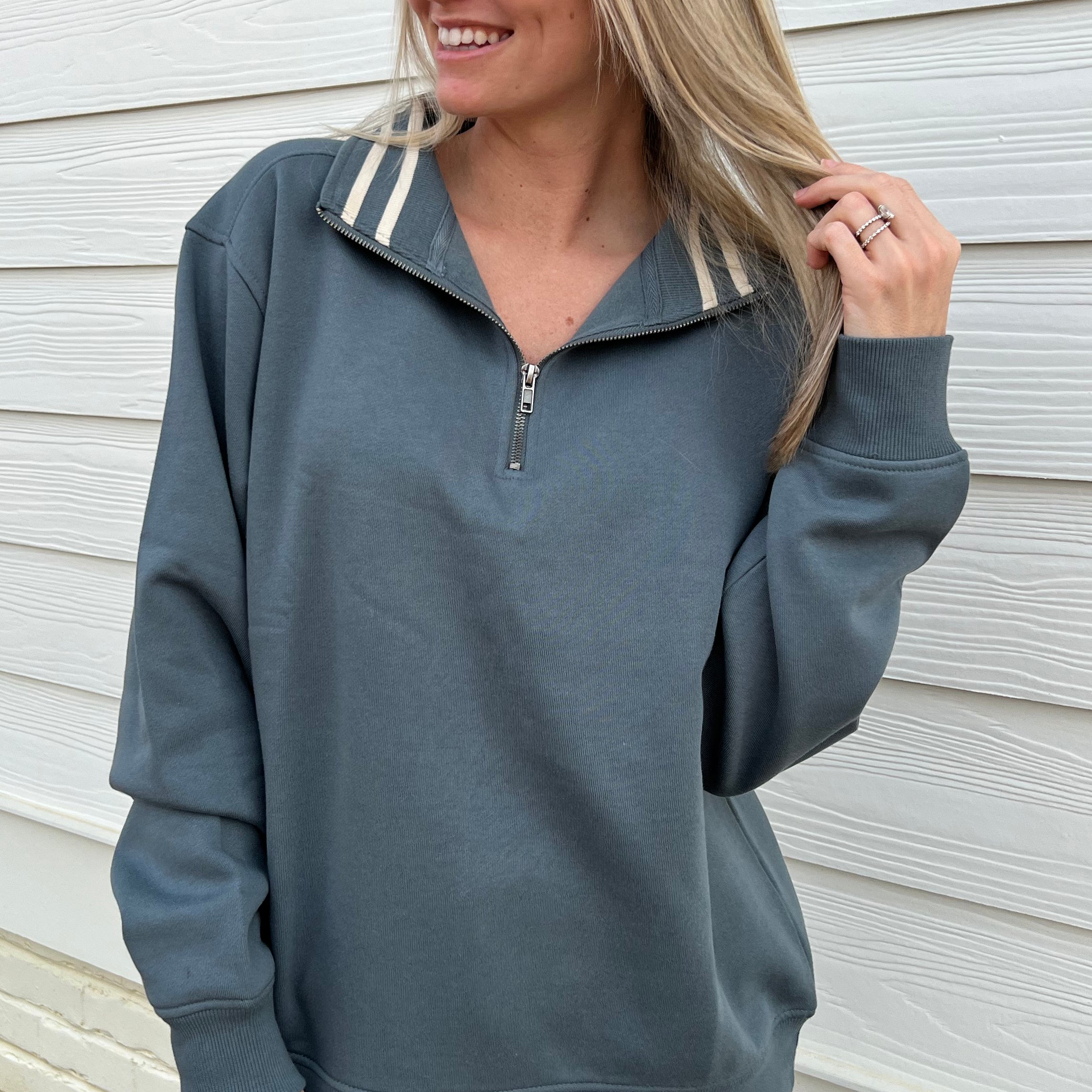 Still Water/Tapioca Stripe Quarter Zip Pullover