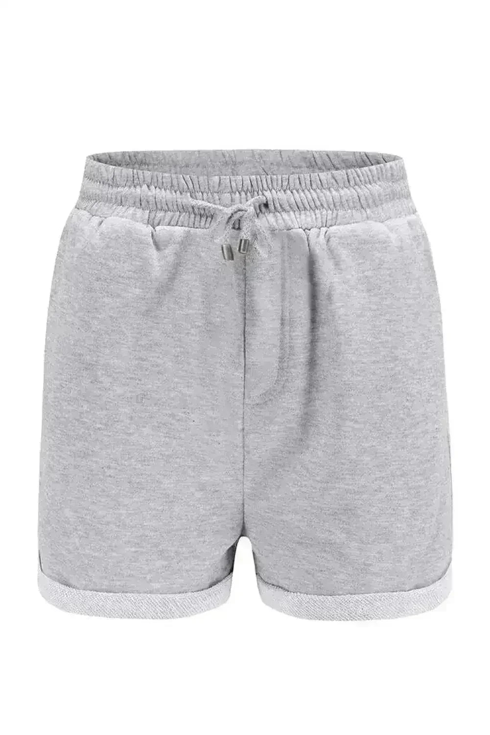 Summer Women Gray Tie Waist Side Pockets Cuffed Lounge Shorts
