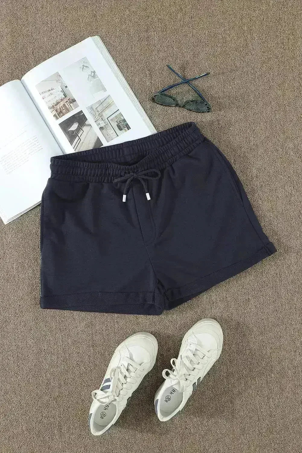 Summer Women Navy Blue Tie Waist Side Pockets Cuffed Lounge Shorts