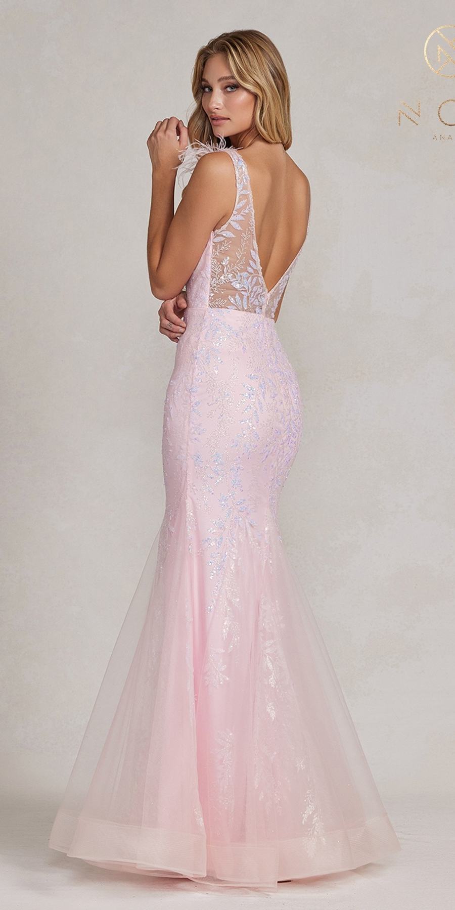 Nox Anabel T1208 Long Mermaid Gown with Feather Straps
