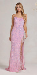 Nox Anabel T1209 Long Formal Sequin Gown with Fringe Leg Slit