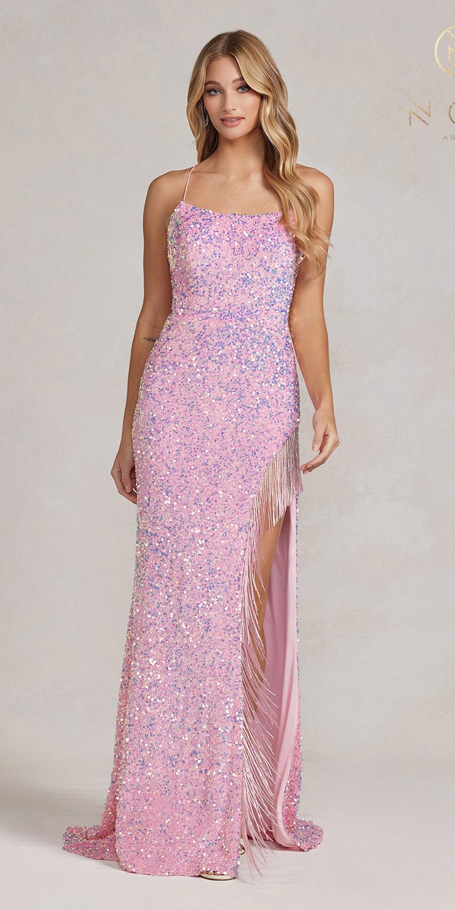 Nox Anabel T1209 Long Formal Sequin Gown with Fringe Leg Slit