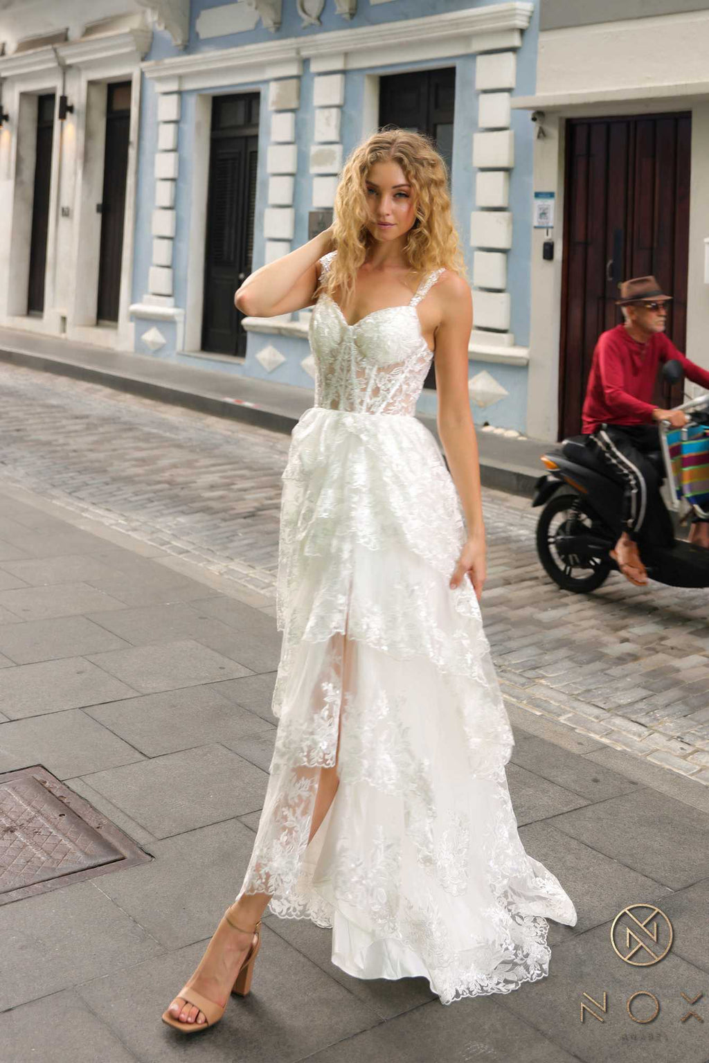 Nox Anabel T1335 Long A-Line Tiered Skirt Lace Applique Sweetheart Dress