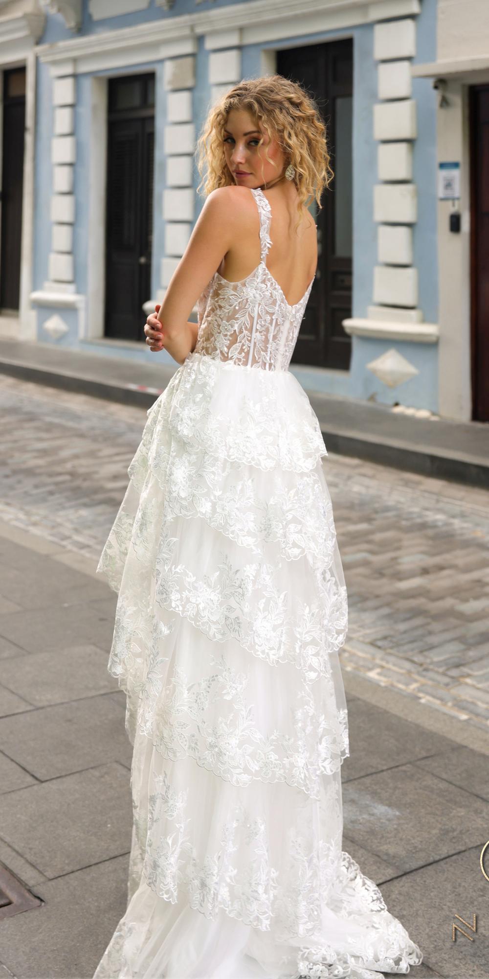 Nox Anabel T1335 Long A-Line Tiered Skirt Lace Applique Sweetheart Dress