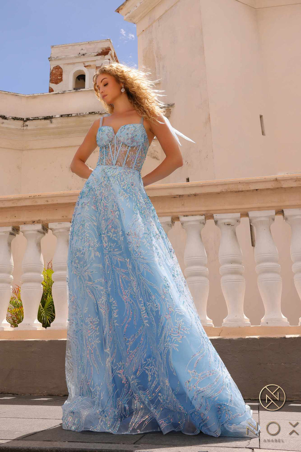 Nox Anabel T1336 Long A-Line Glitter Sequin Applique Corset Ball Gown
