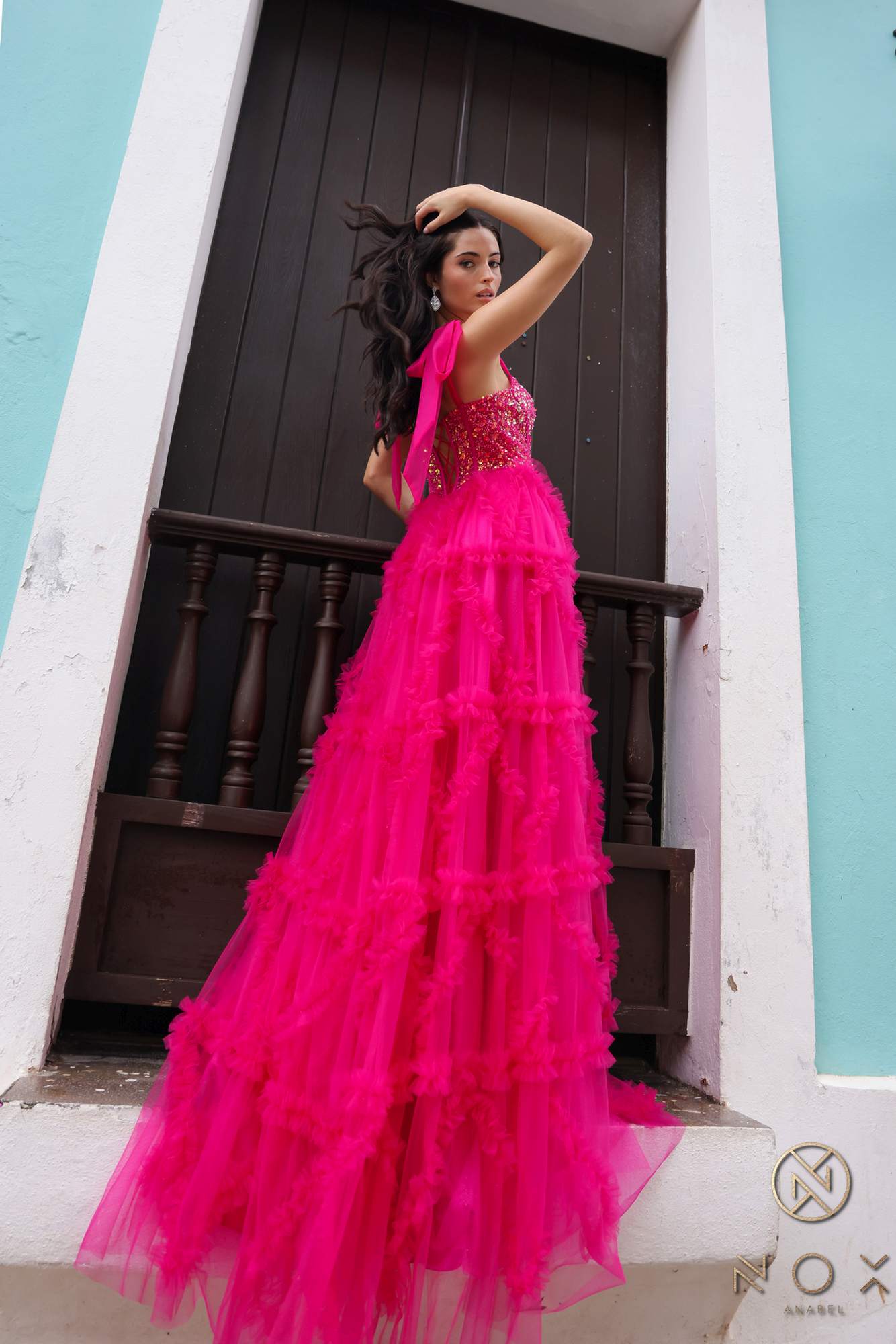 Nox Anabel T1340 Long Ruffled Skirt Boned Bustier Ribbon Strap A-Line Gown