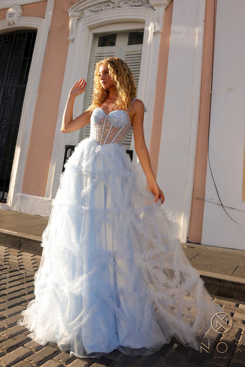Nox Anabel T1340 Long Ruffled Skirt Boned Bustier Ribbon Strap A-Line Gown