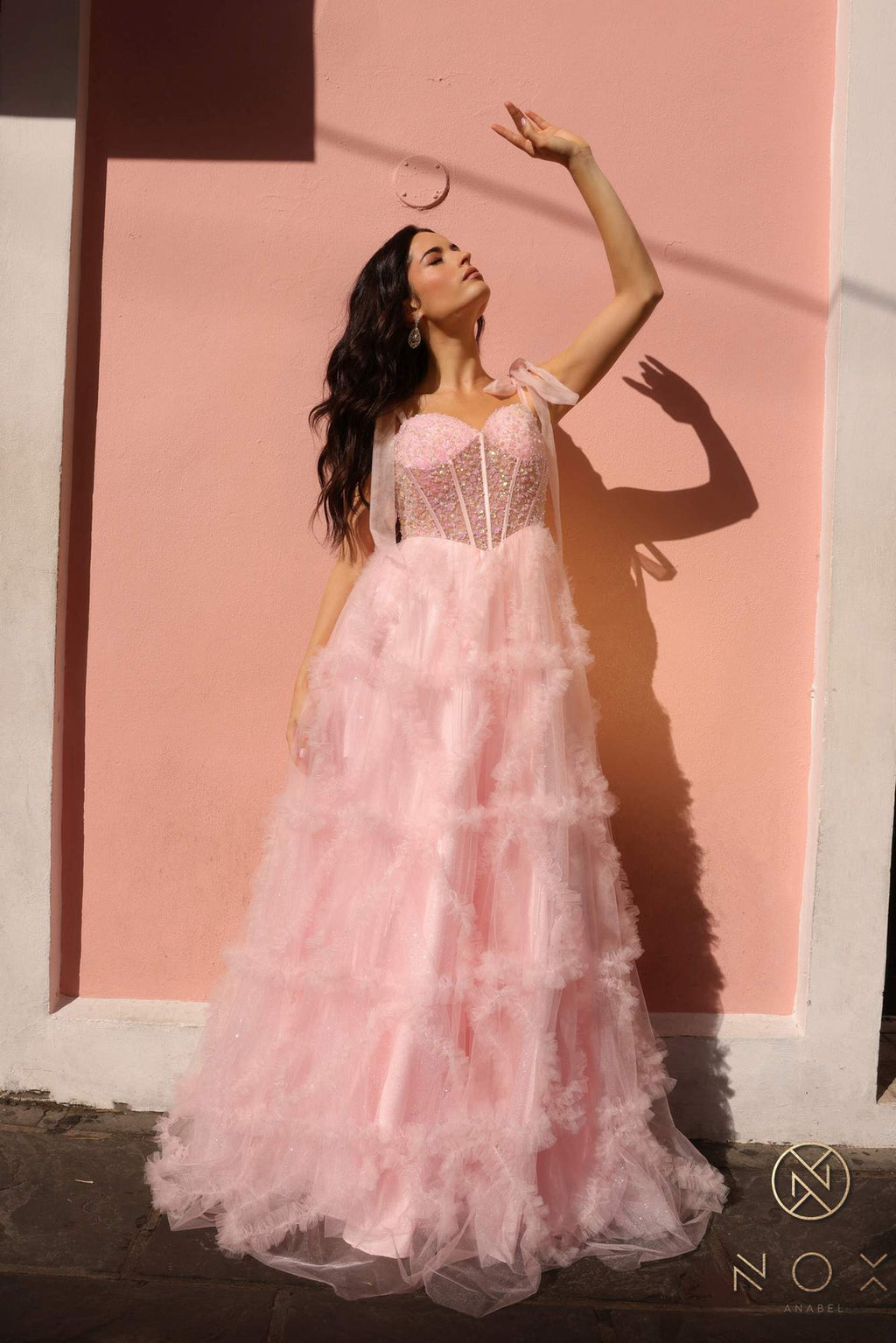 Nox Anabel T1340 Long Ruffled Skirt Boned Bustier Ribbon Strap A-Line Gown
