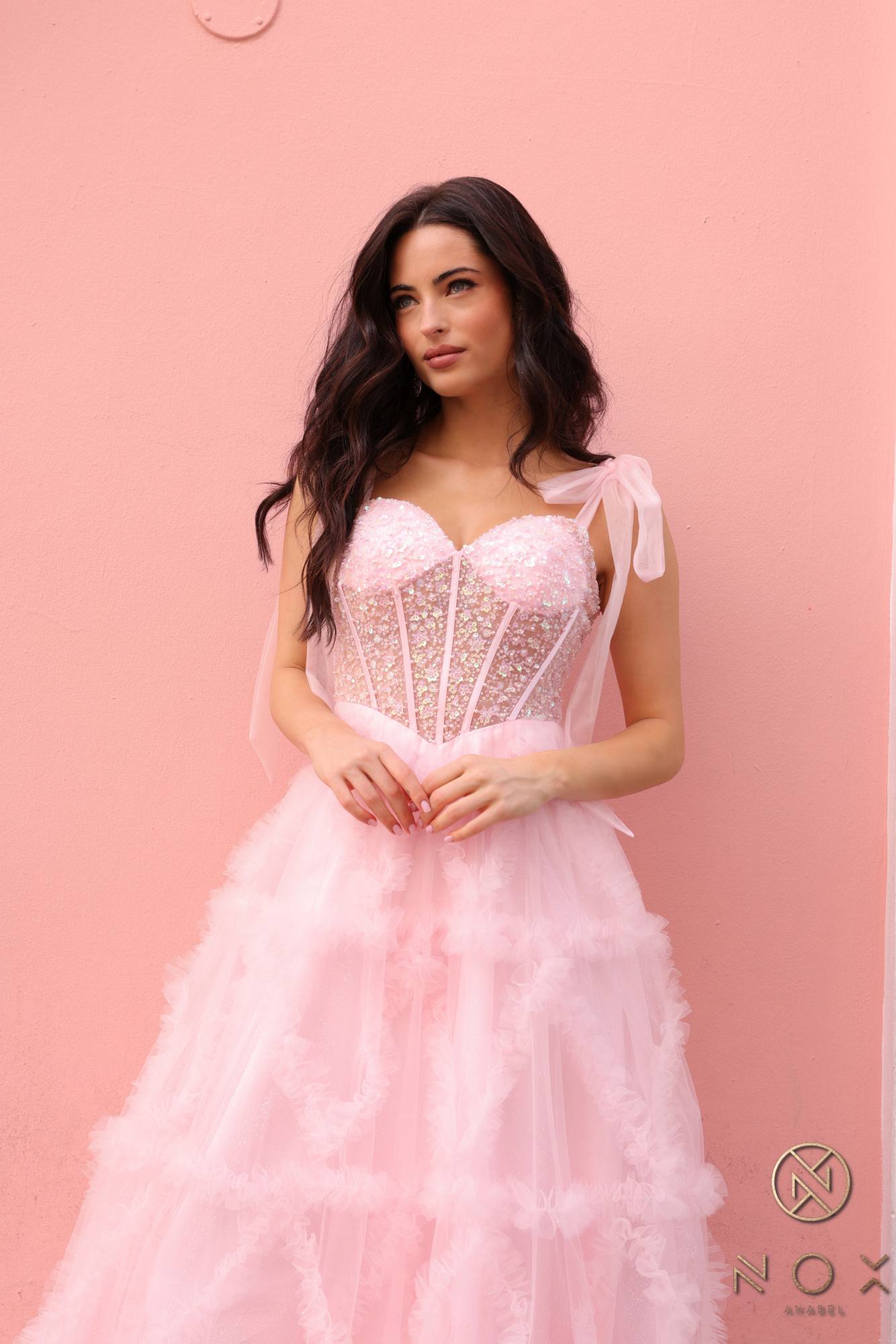 Nox Anabel T1340 Long Ruffled Skirt Boned Bustier Ribbon Strap A-Line Gown