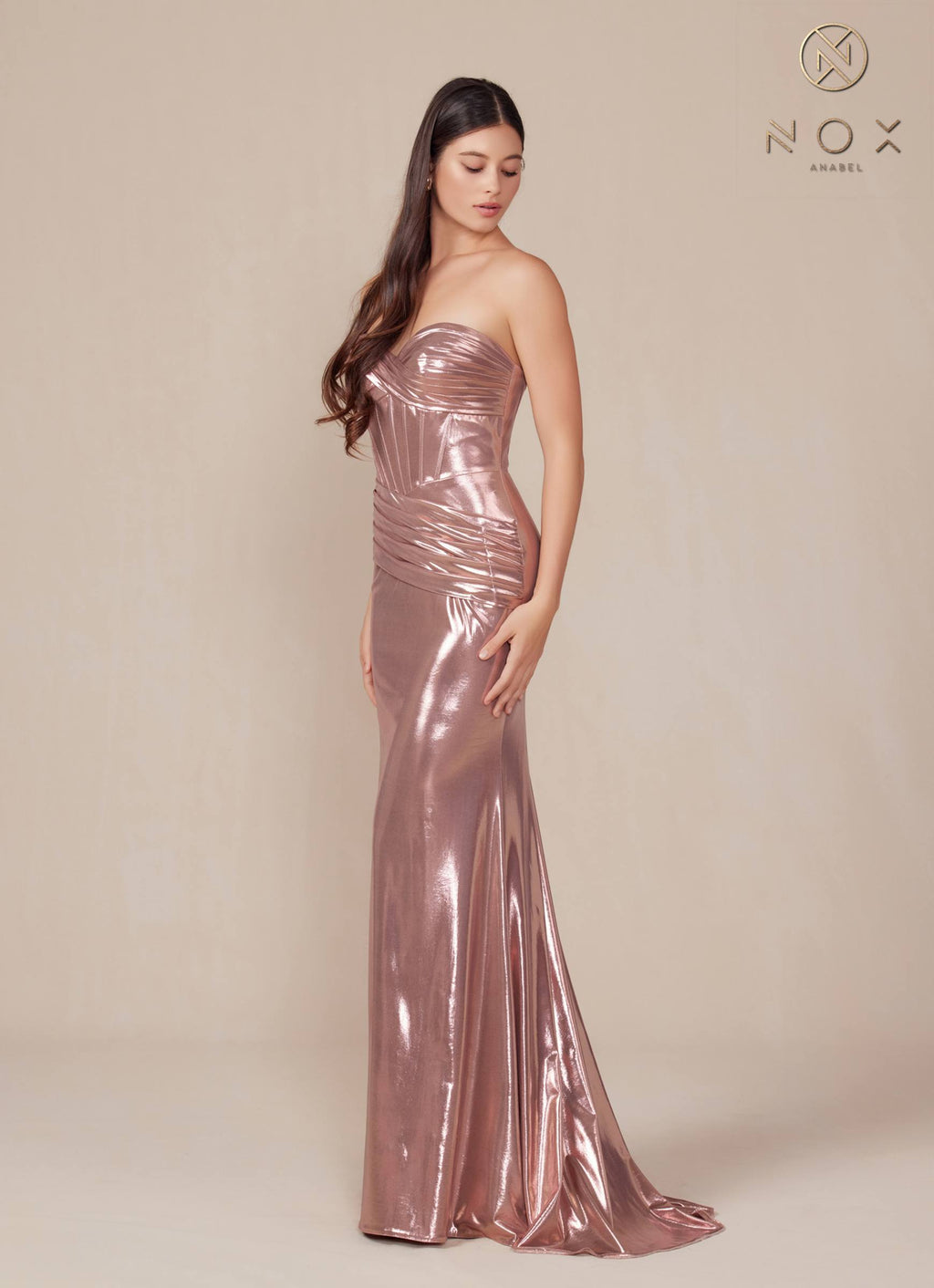 Nox Anabel T1499 Dress Strapless Metallic Satin Fitted Gown