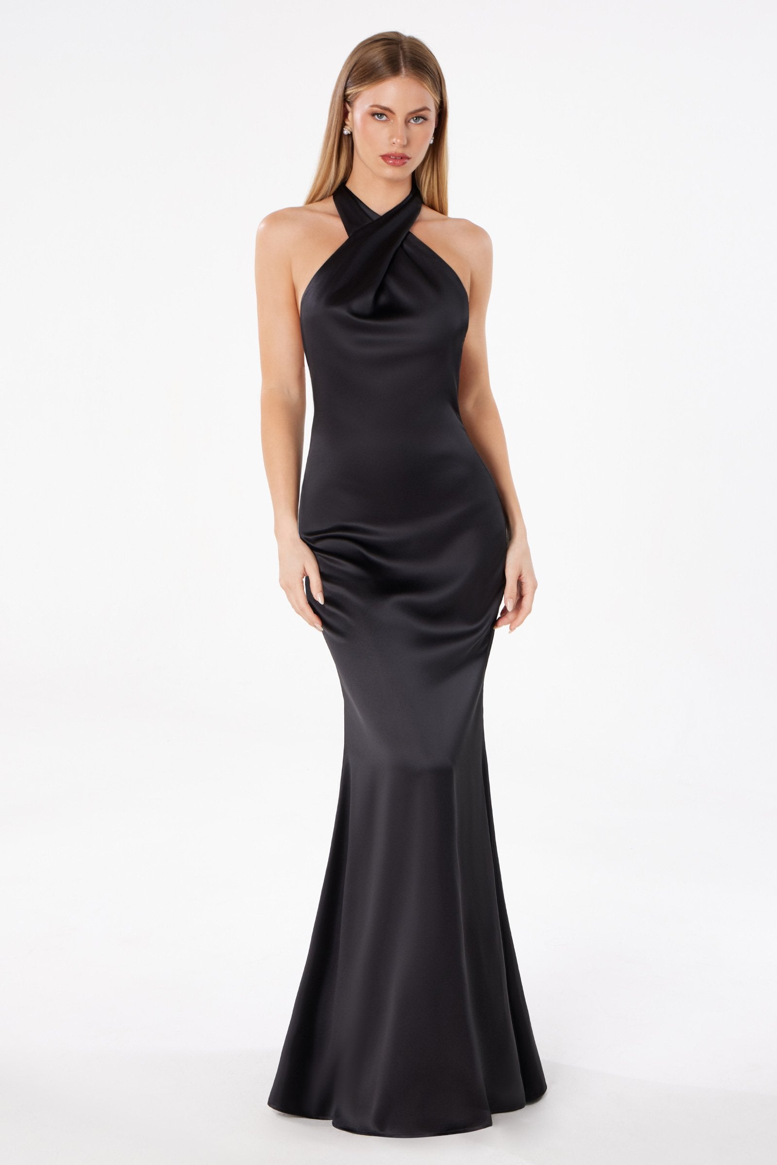 Astee T2005 Fitted Sleek Twisted Halter Top Satin Mermaid Gown