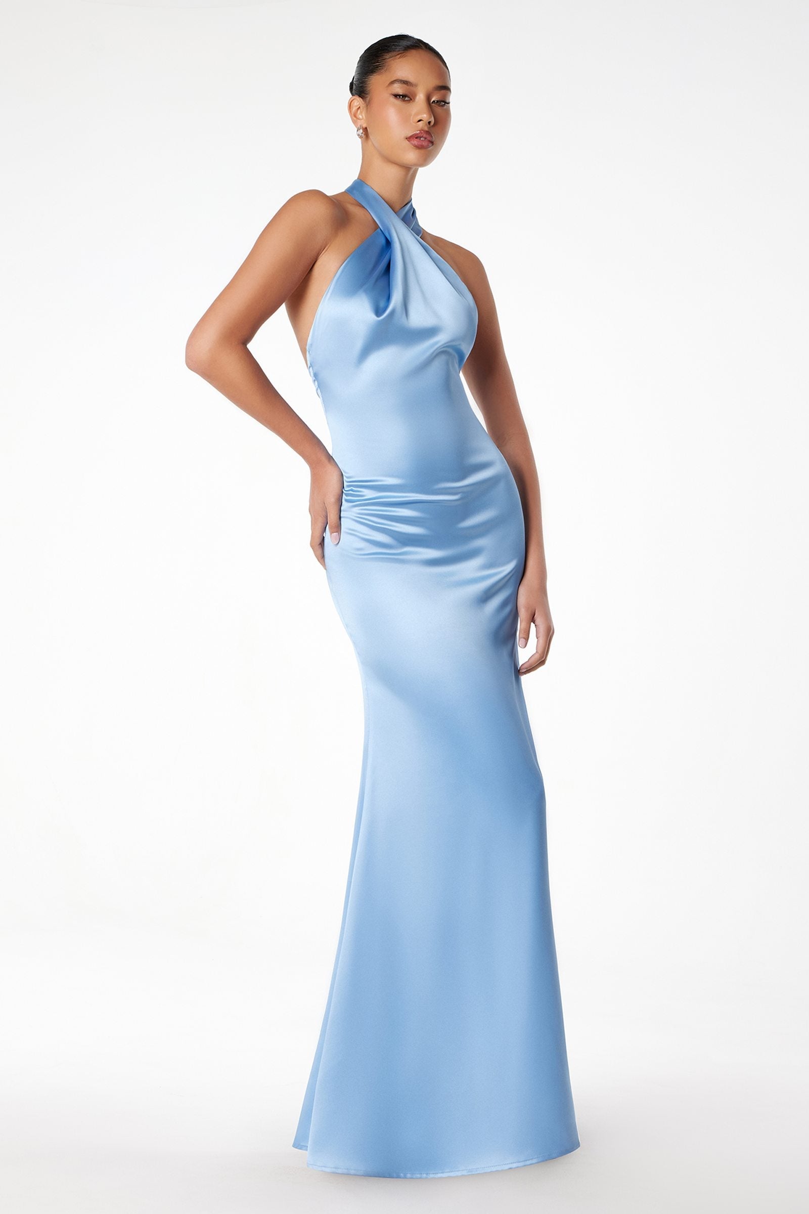 Astee T2005 Fitted Sleek Twisted Halter Top Satin Mermaid Gown
