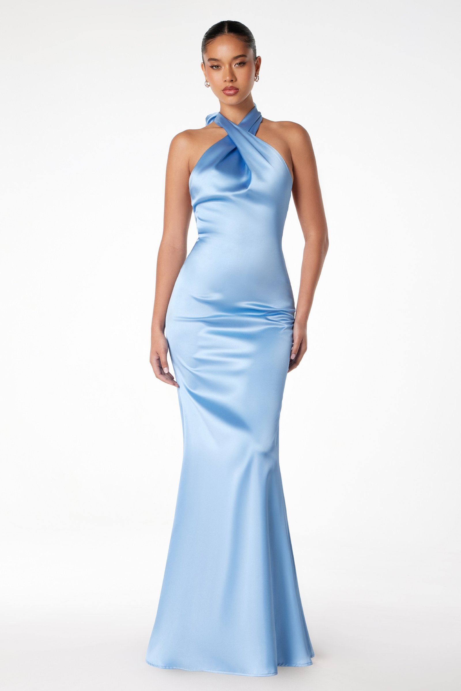 Astee T2005 Fitted Sleek Twisted Halter Top Satin Mermaid Gown