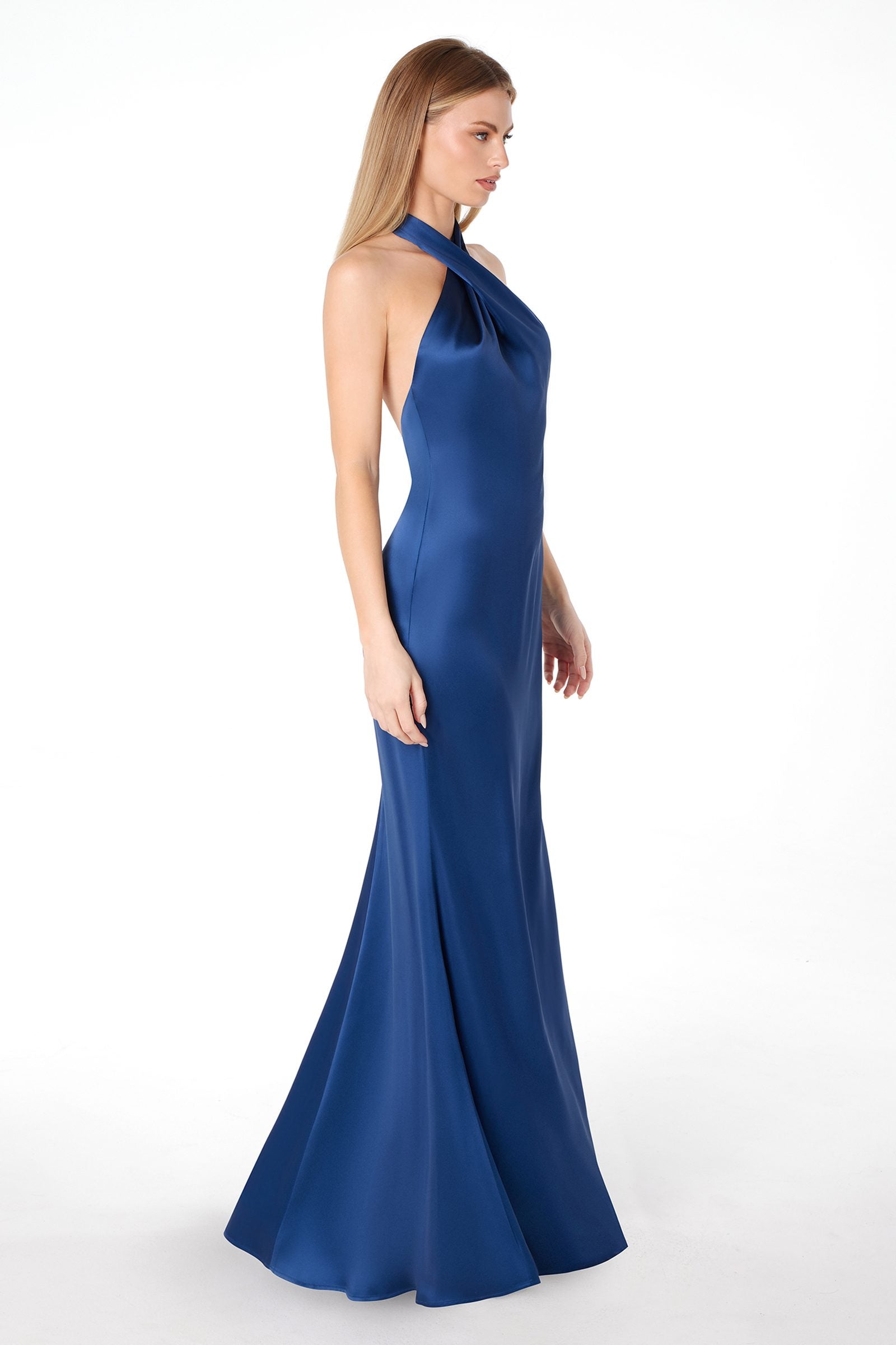 Astee T2005 Fitted Sleek Twisted Halter Top Satin Mermaid Gown