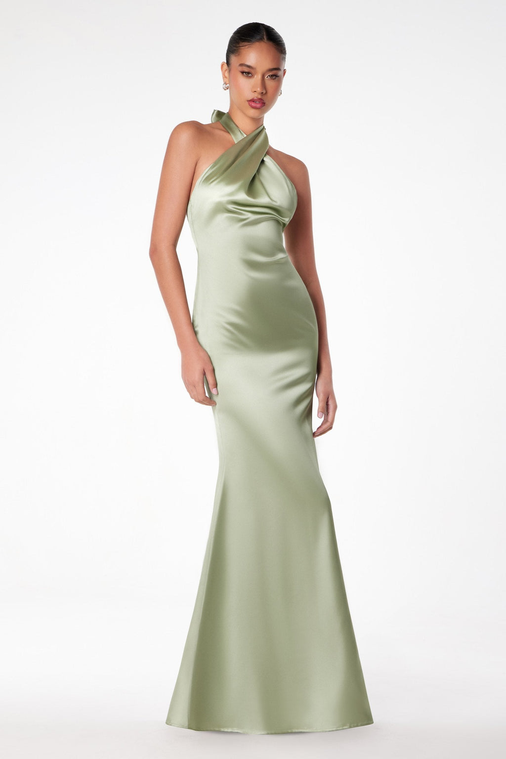 Astee T2005 Fitted Sleek Twisted Halter Top Satin Mermaid Gown