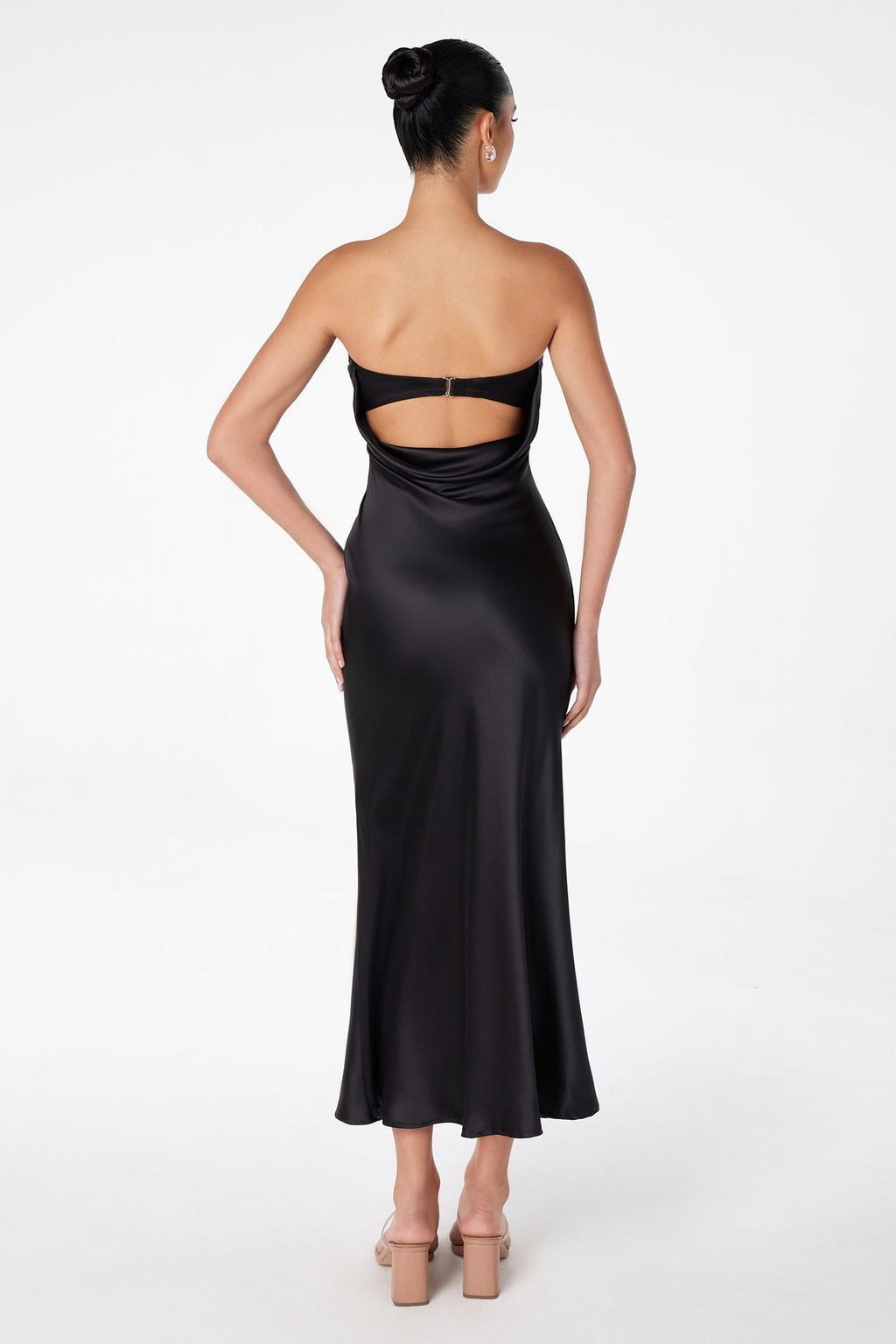 Astee T2006 Tea Length Satin Dress Cut Out Cowl-Like Back
