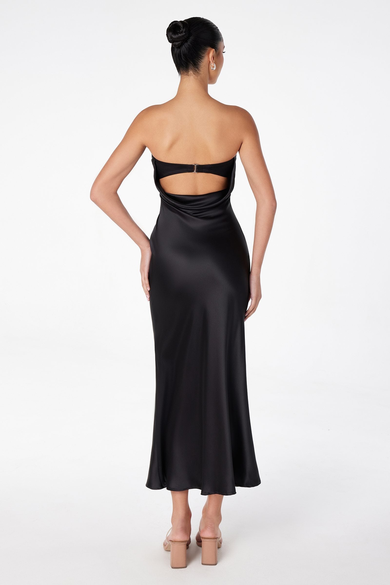 Astee T2006 Tea Length Satin Dress Cut Out Cowl-Like Back