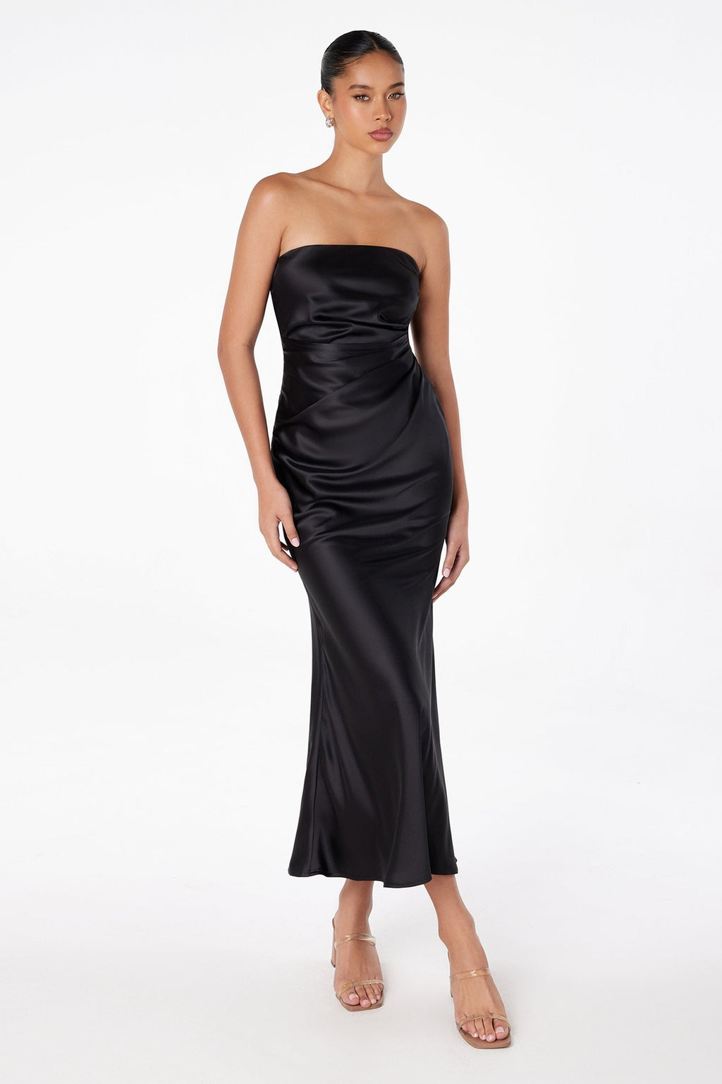 Astee T2006 Tea Length Satin Dress Cut Out Cowl-Like Back