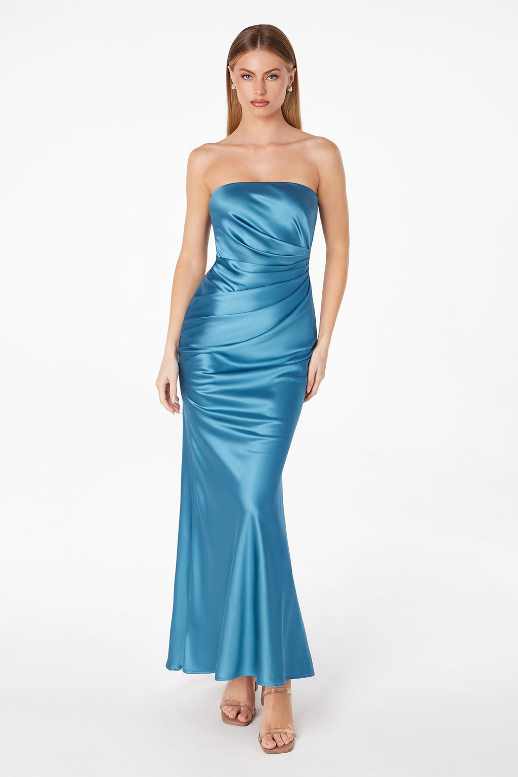 Astee T2006 Tea Length Satin Dress Cut Out Cowl-Like Back