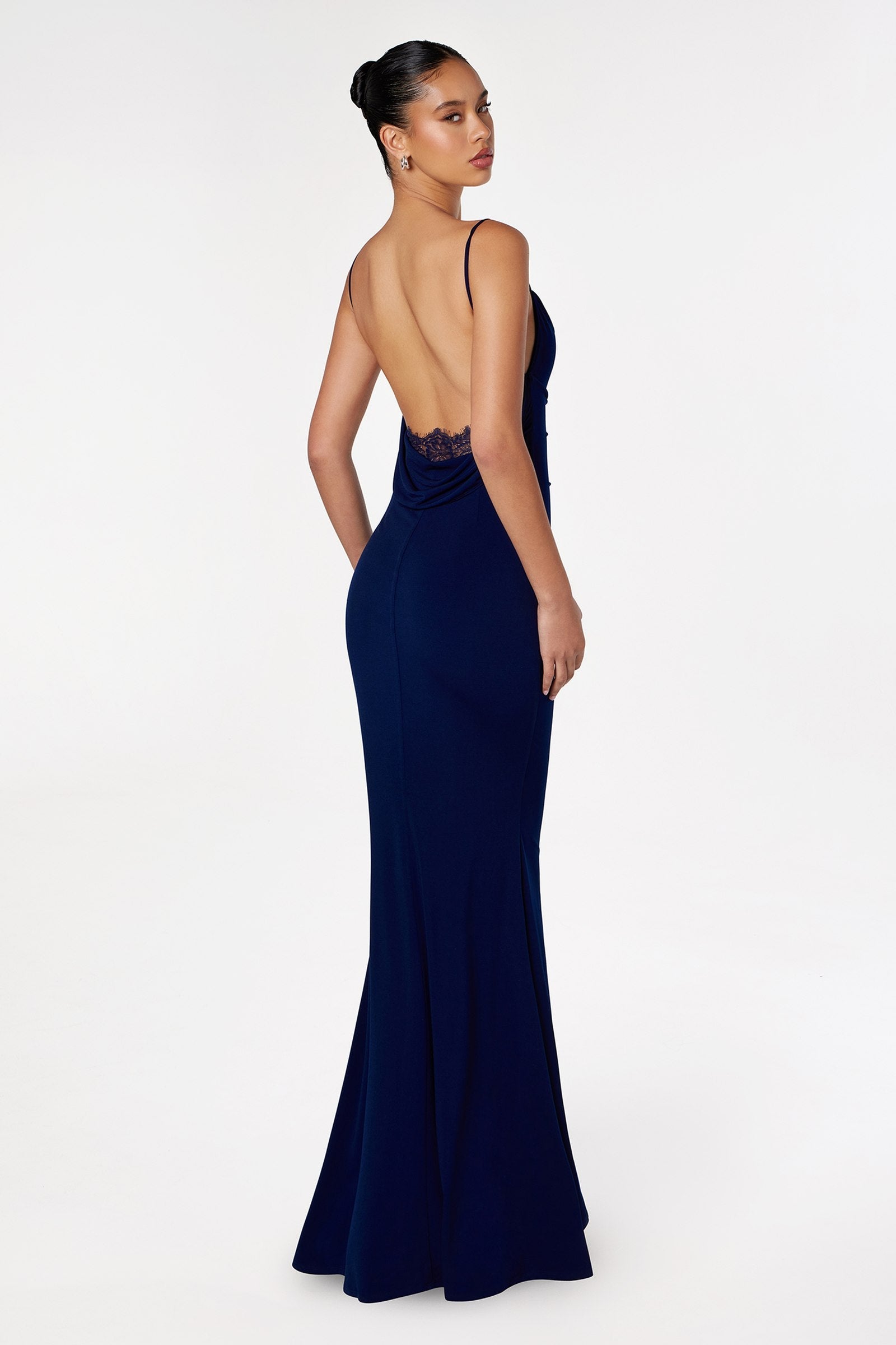 Astee T2008 Fitted Spaghetti Strap Open Back with Lace Detail Gown