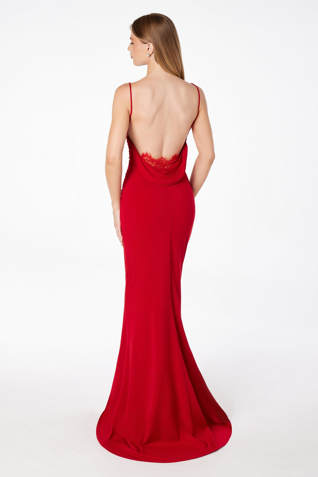 Astee T2008 Fitted Spaghetti Strap Open Back with Lace Detail Gown