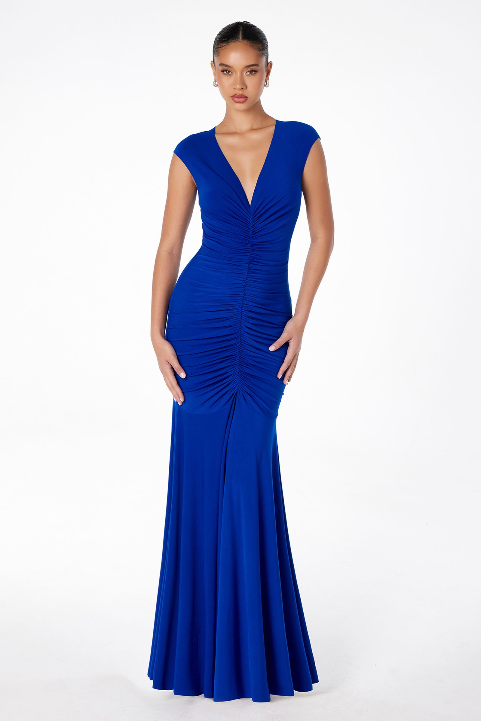 Astee T2009 Long V-Neckline Ruched Mermaid Gown