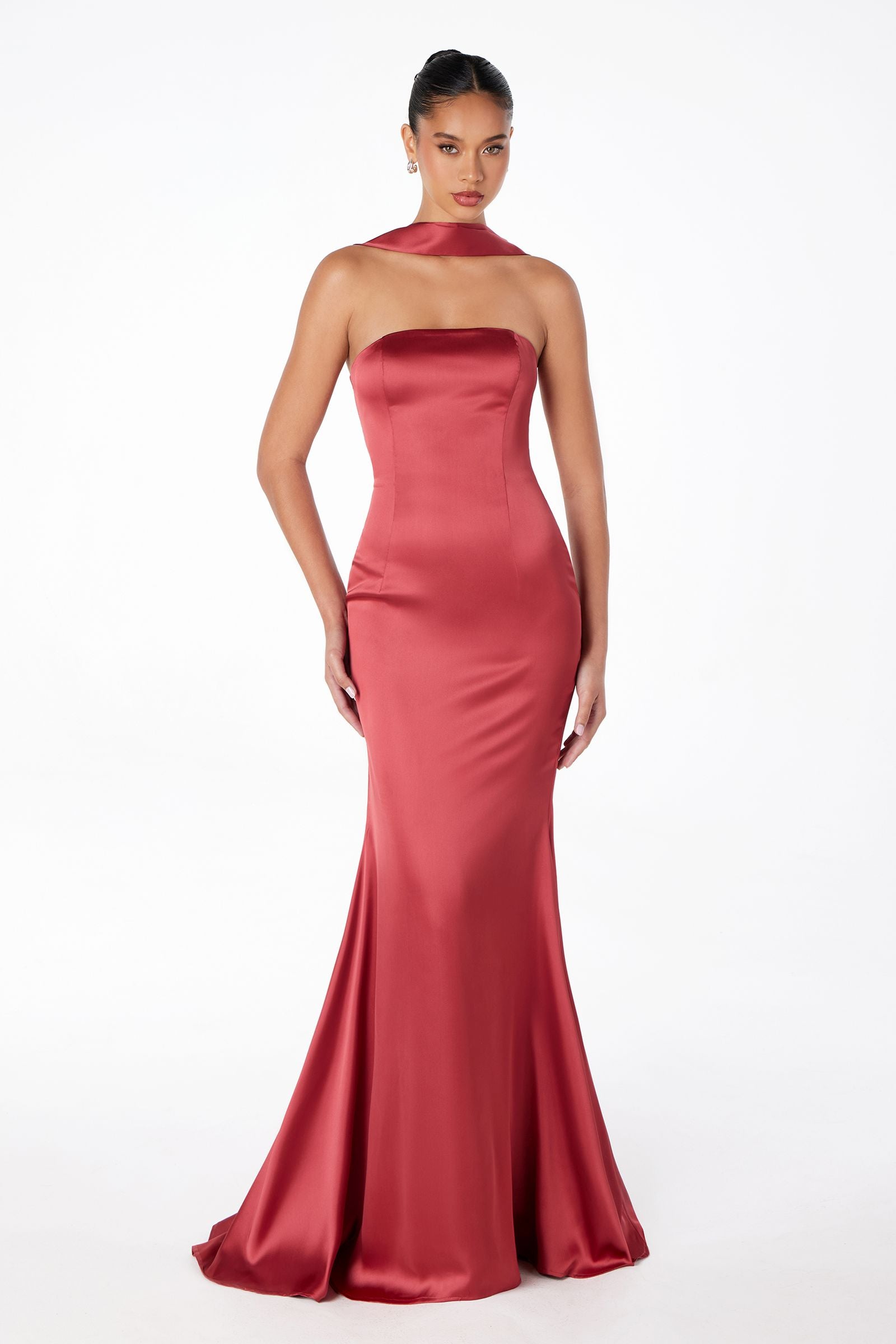 Astee T2012 Strapless Fitted Mermaid Gown with Scarf