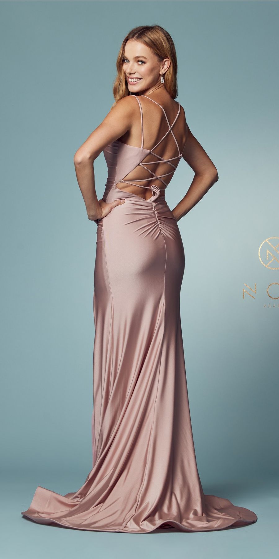 Nox Anabel T481 Long Scoop Neck Spaghetti Strap Fitted Gown Slit