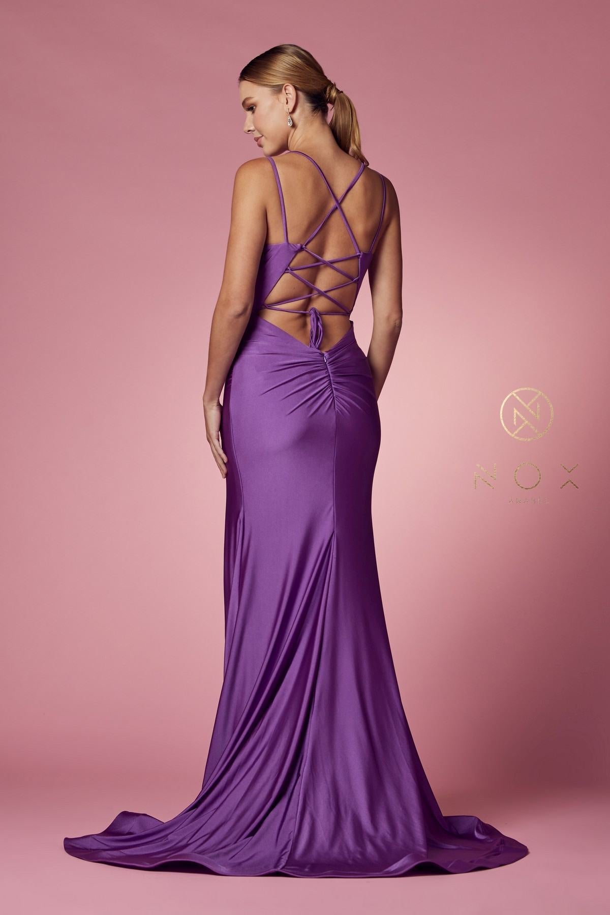 Nox Anabel T481 Long Scoop Neck Spaghetti Strap Fitted Gown Slit