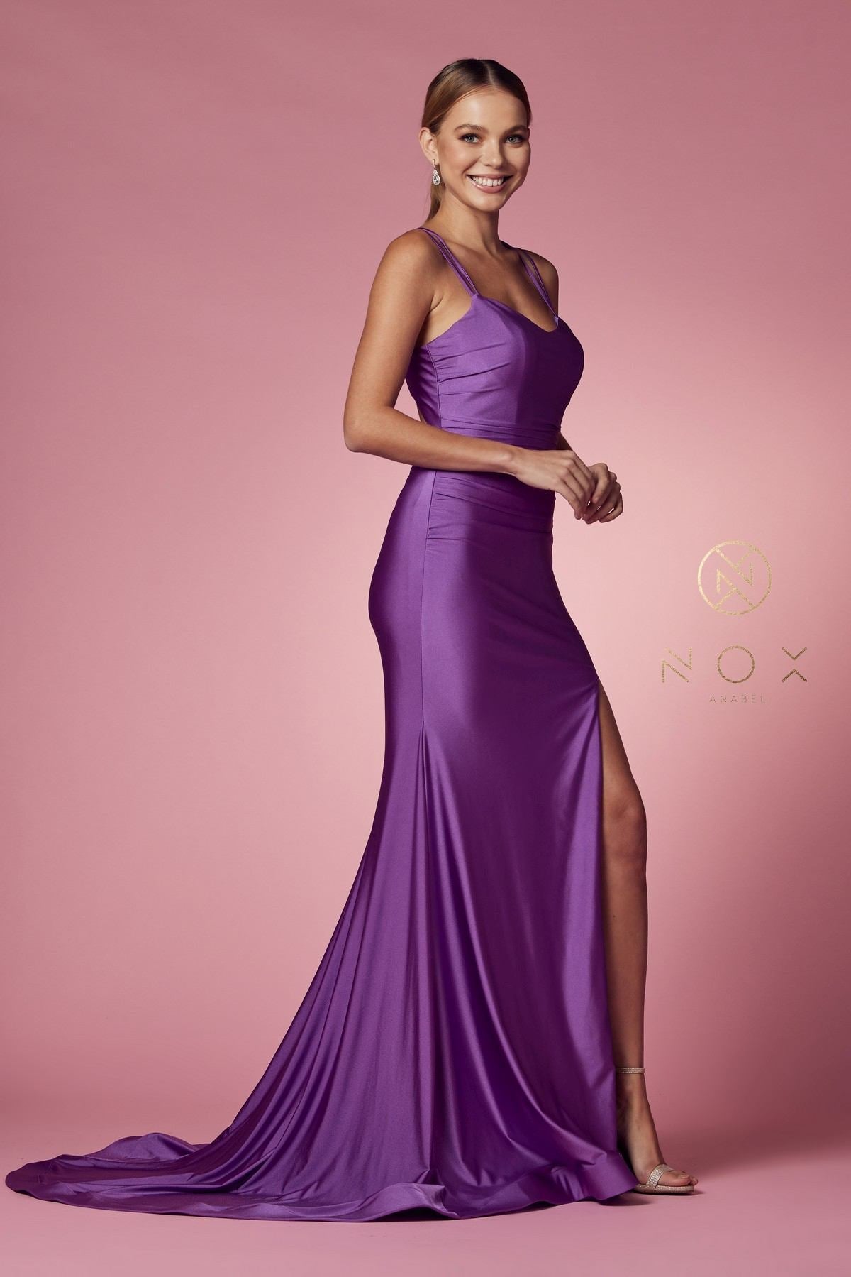 Nox Anabel T481 Long Scoop Neck Spaghetti Strap Fitted Gown Slit